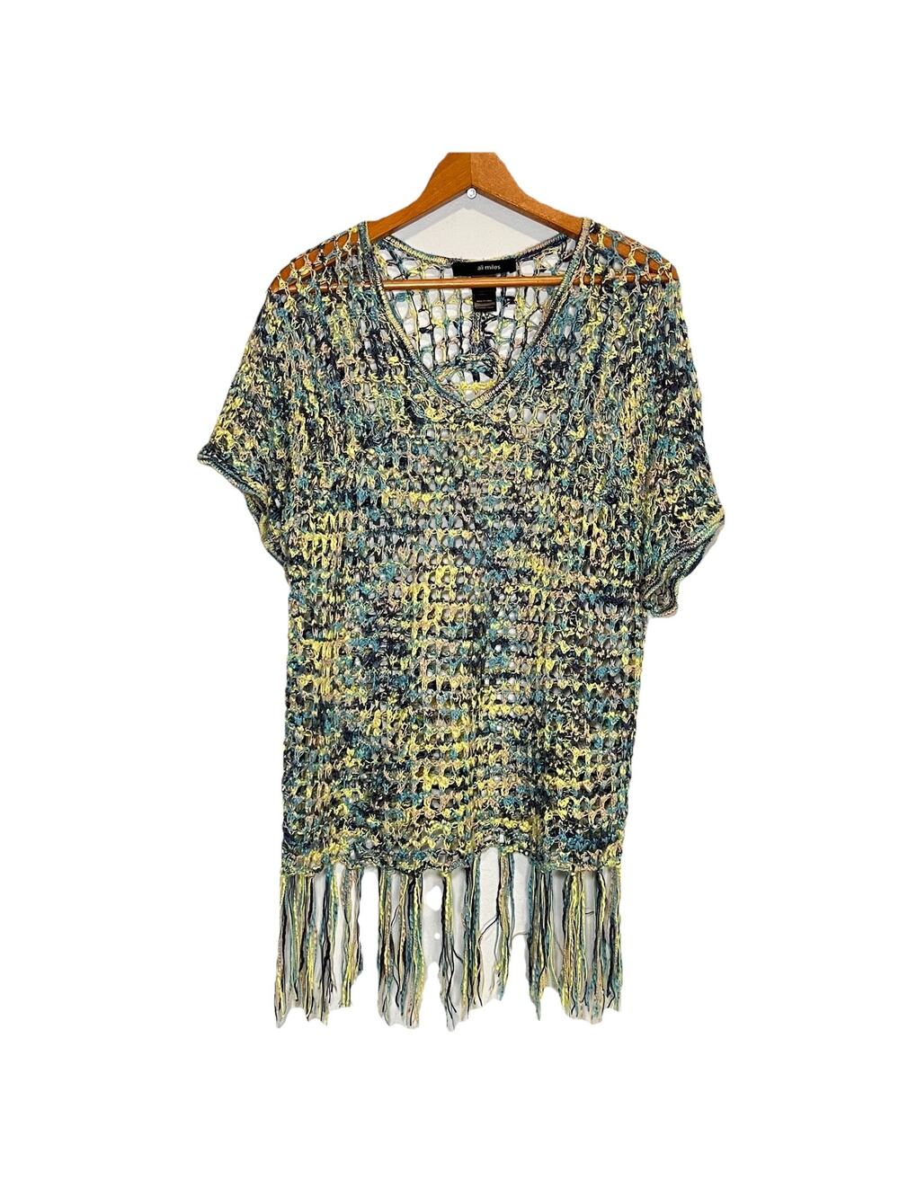 Ali Miles Tunic Top Women Size M Blue Yellow Open Knit Crochet Fringe Swim Cover